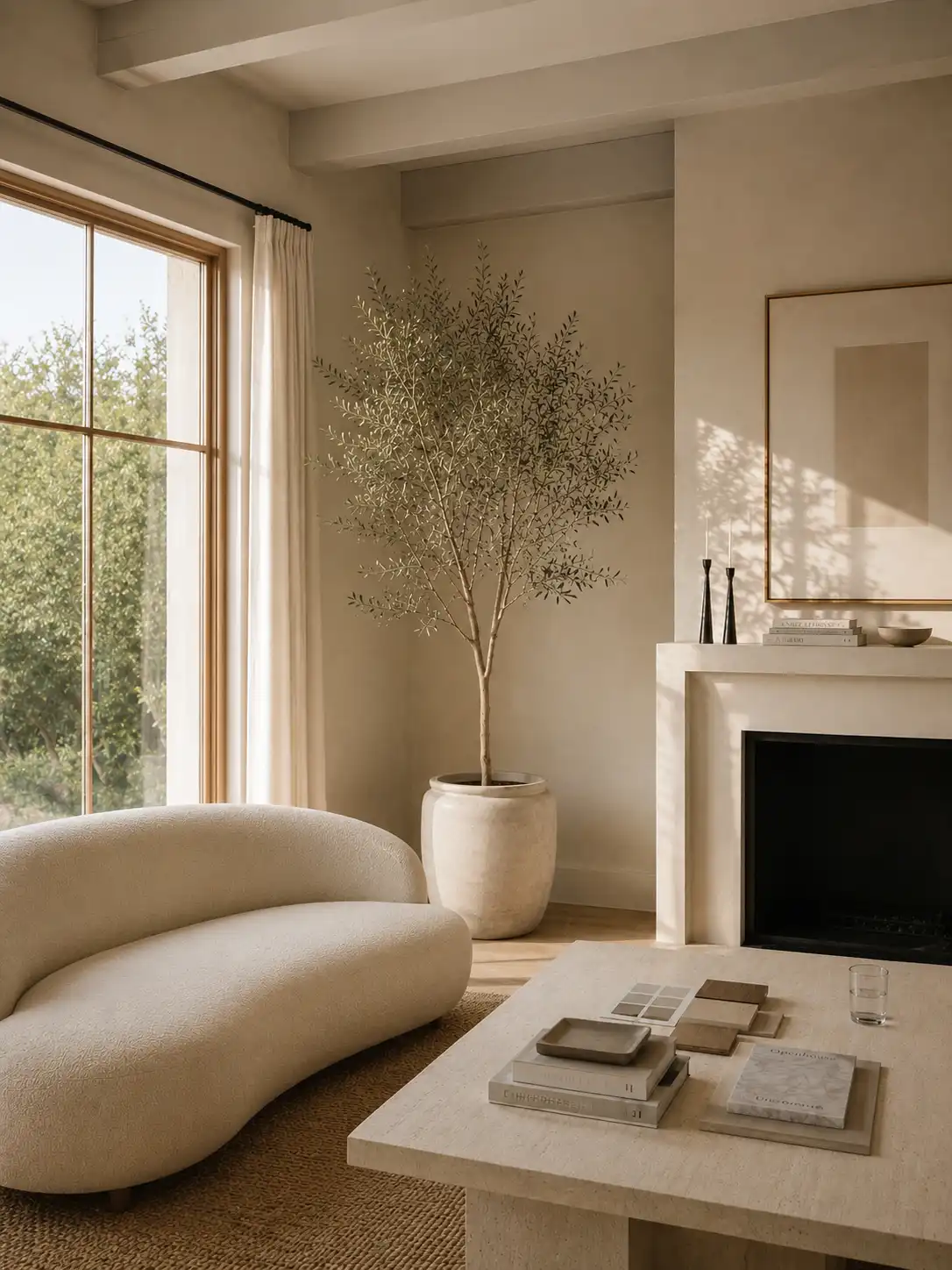 Salón con chimenea y butaca en un proyecto de interiorismo